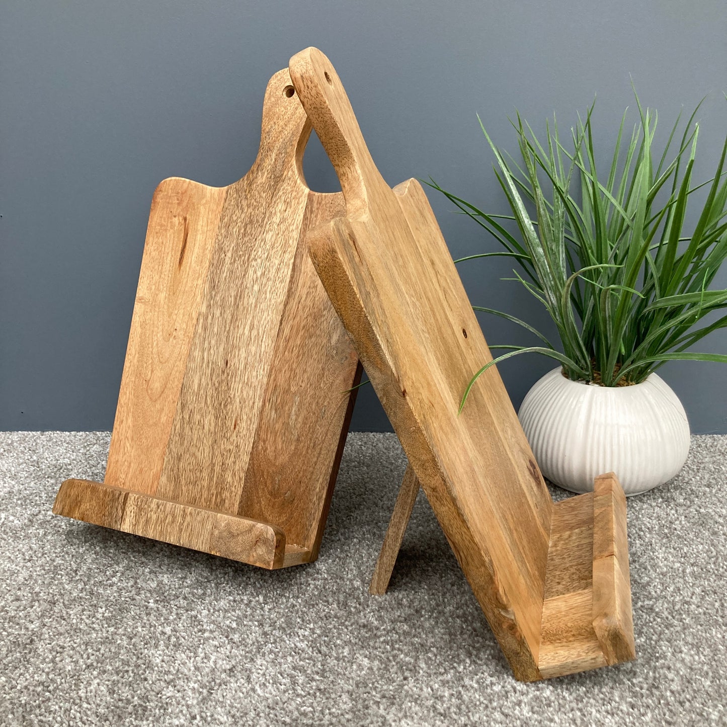 Pair of Mango wood recipe stand with handle from the side