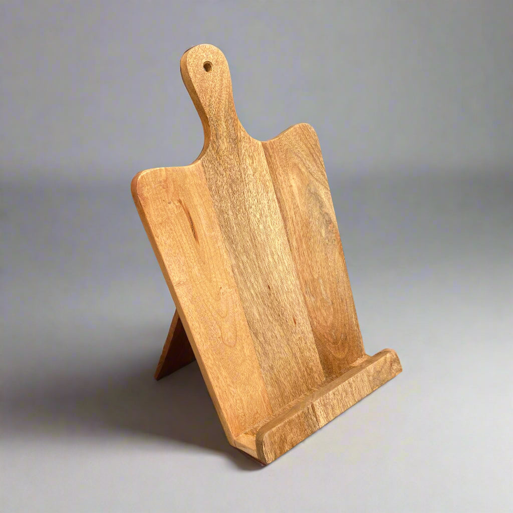 Mango wood recipe stand with handle angle view