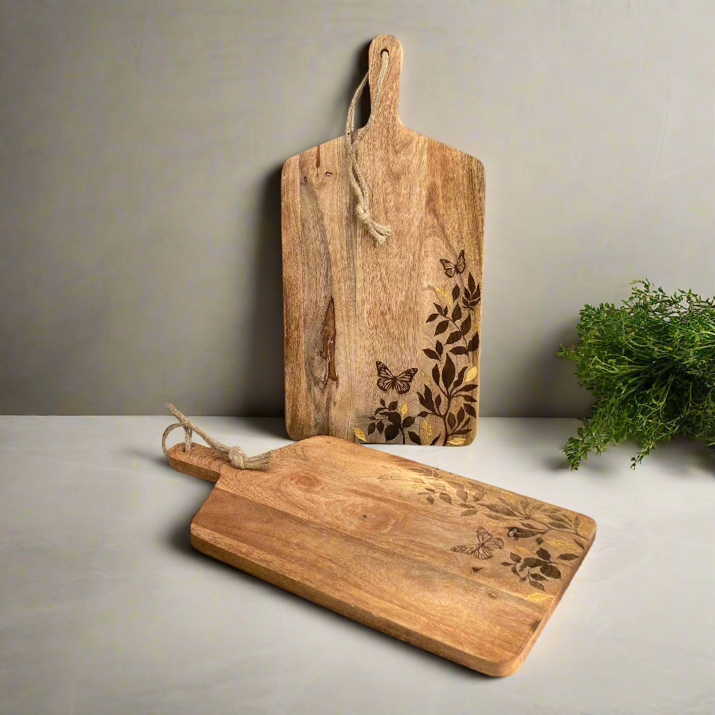 Floral design etched Mango wood food serving paddle board display