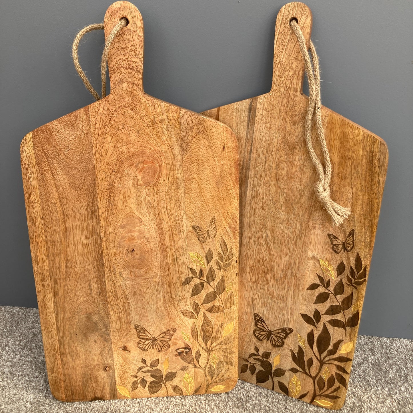 Floral design etched Mango wood food serving paddle boards
