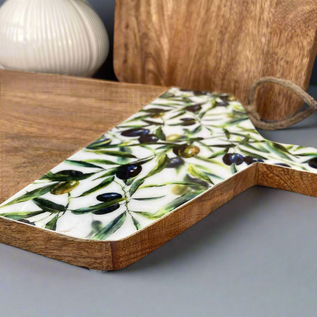 Olive grove design enamelled Mango wood food serving paddle board close up