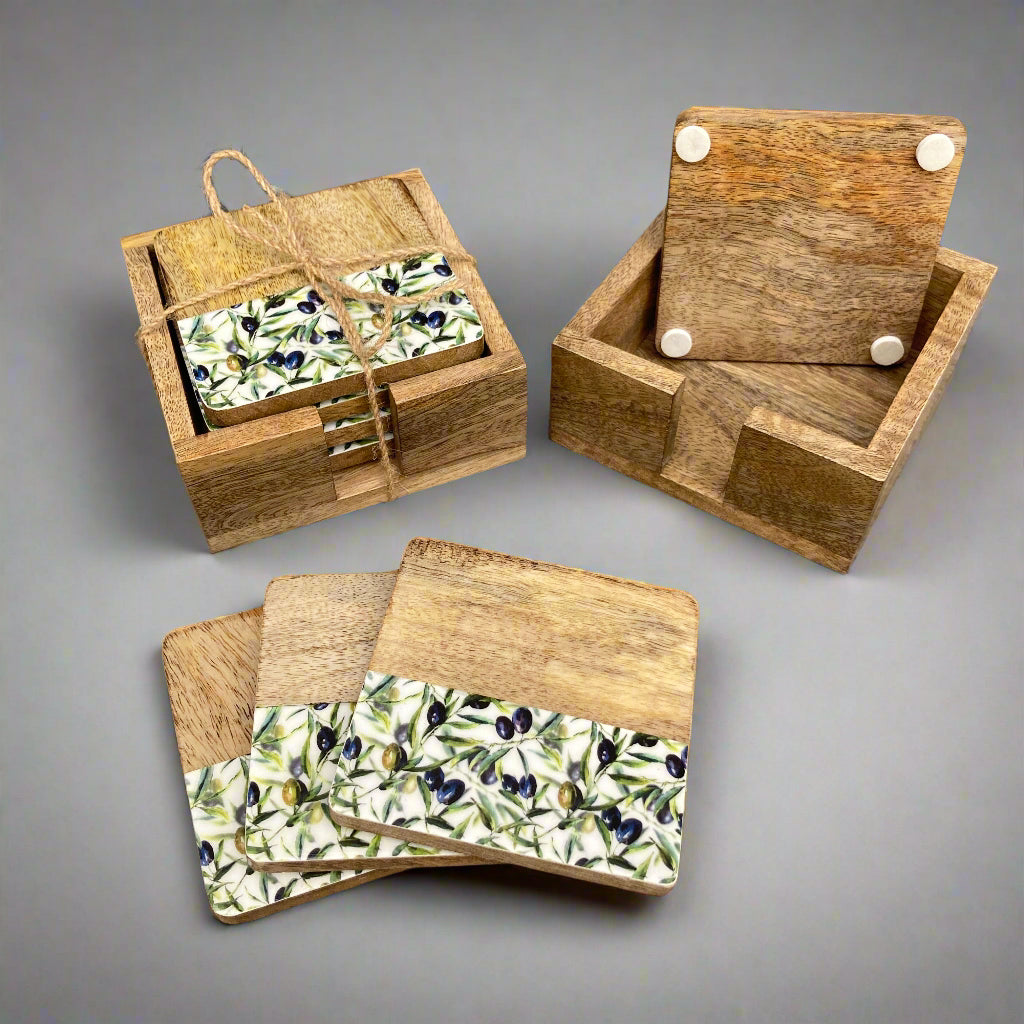 Solid 10cm square Olive Grove design Mango wood coasters in a holder - set of 4. Coasters out of holder.