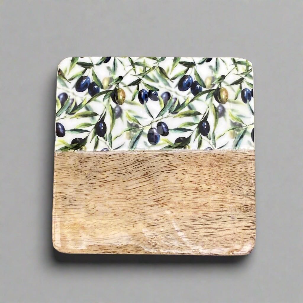 Solid 10cm square Olive Grove design Mango wood coasters in a holder - set of 4. Single coaster.