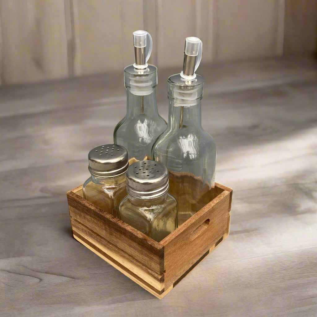 Acacia wood condiment tray. Salt & pepper shakers, oil & vinegar bottles included.