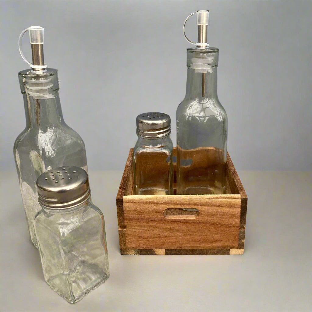 Acacia wood condiment tray. Salt & pepper shakers, oil & vinegar bottles included. 2 jars in the tray, 2 jars out.