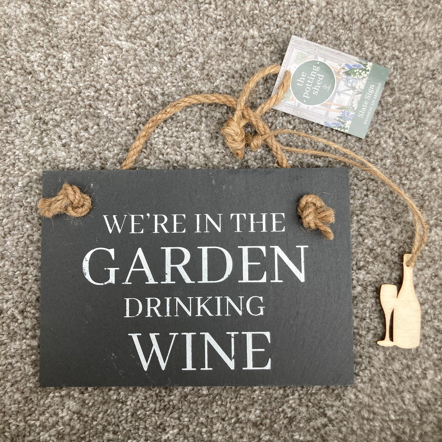 6 Assorted slogan slate signs for the garden. "We're in the garden drinking wine"