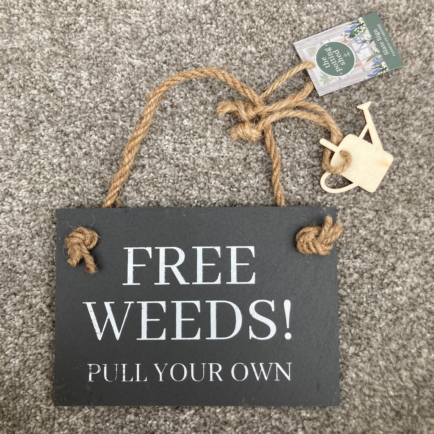 6 Assorted slogan slate signs for the garden. "Free weeds! Pull your own"
