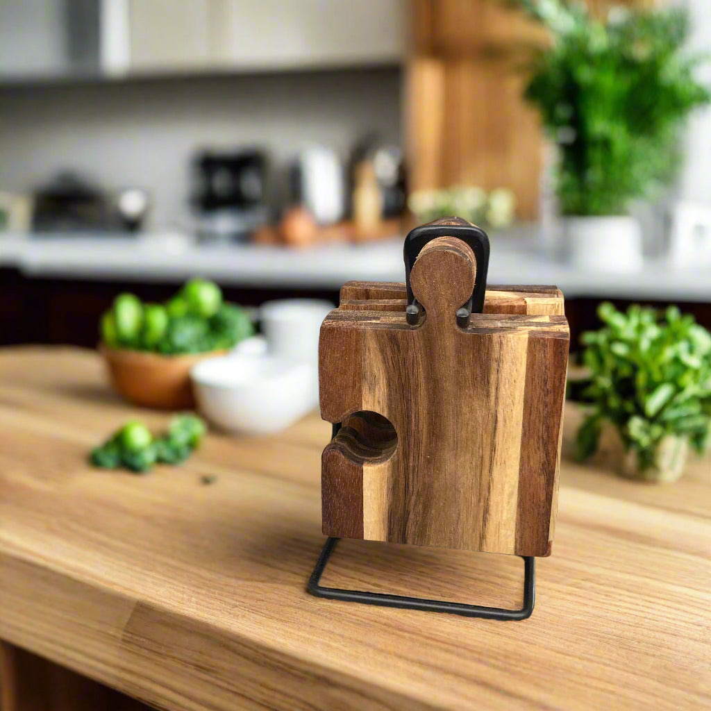 Set of 6 Acacia wood puzzle shaped coasters on a metal holder. All in holder.