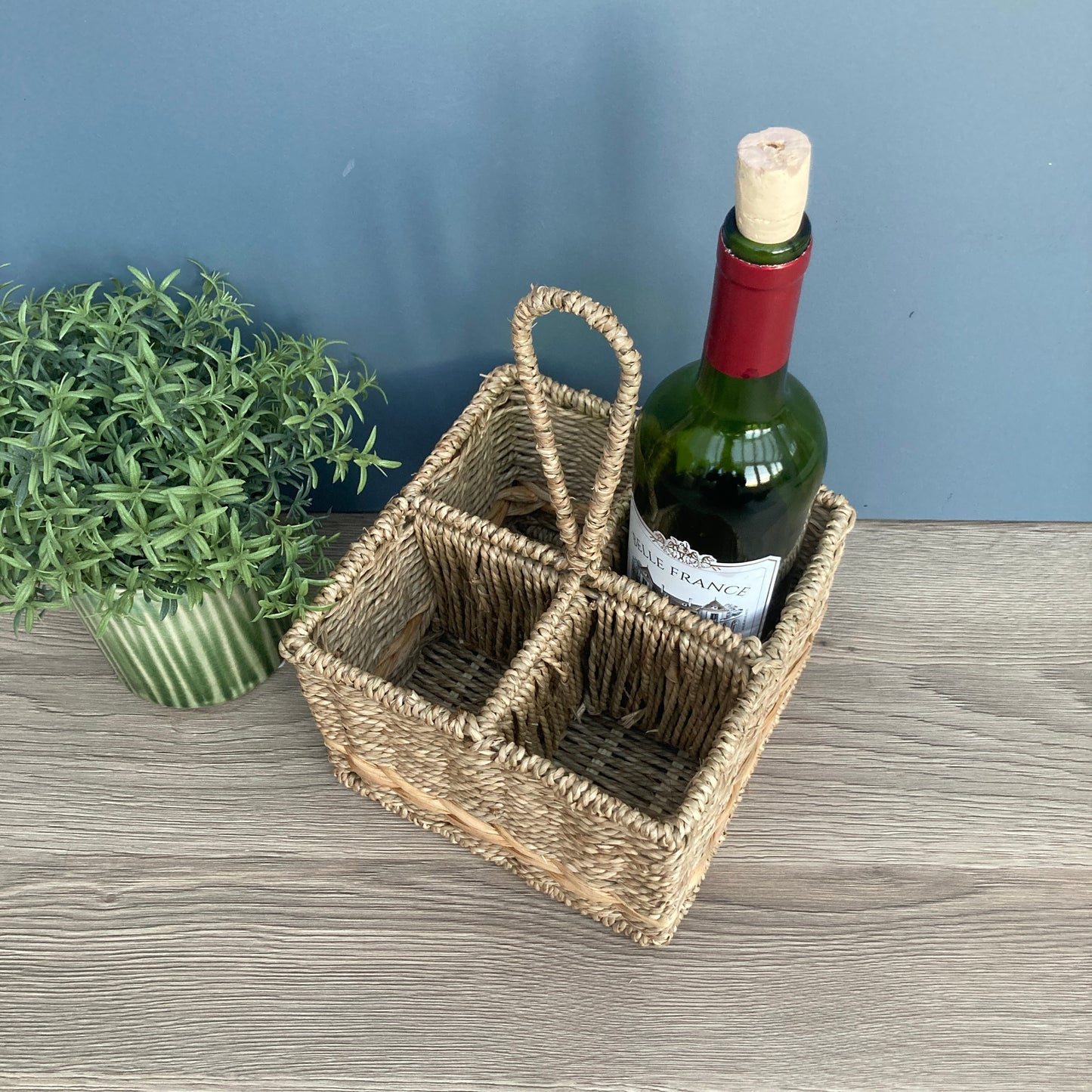 Woven seagrass and water hyacinth condiment caddy from above