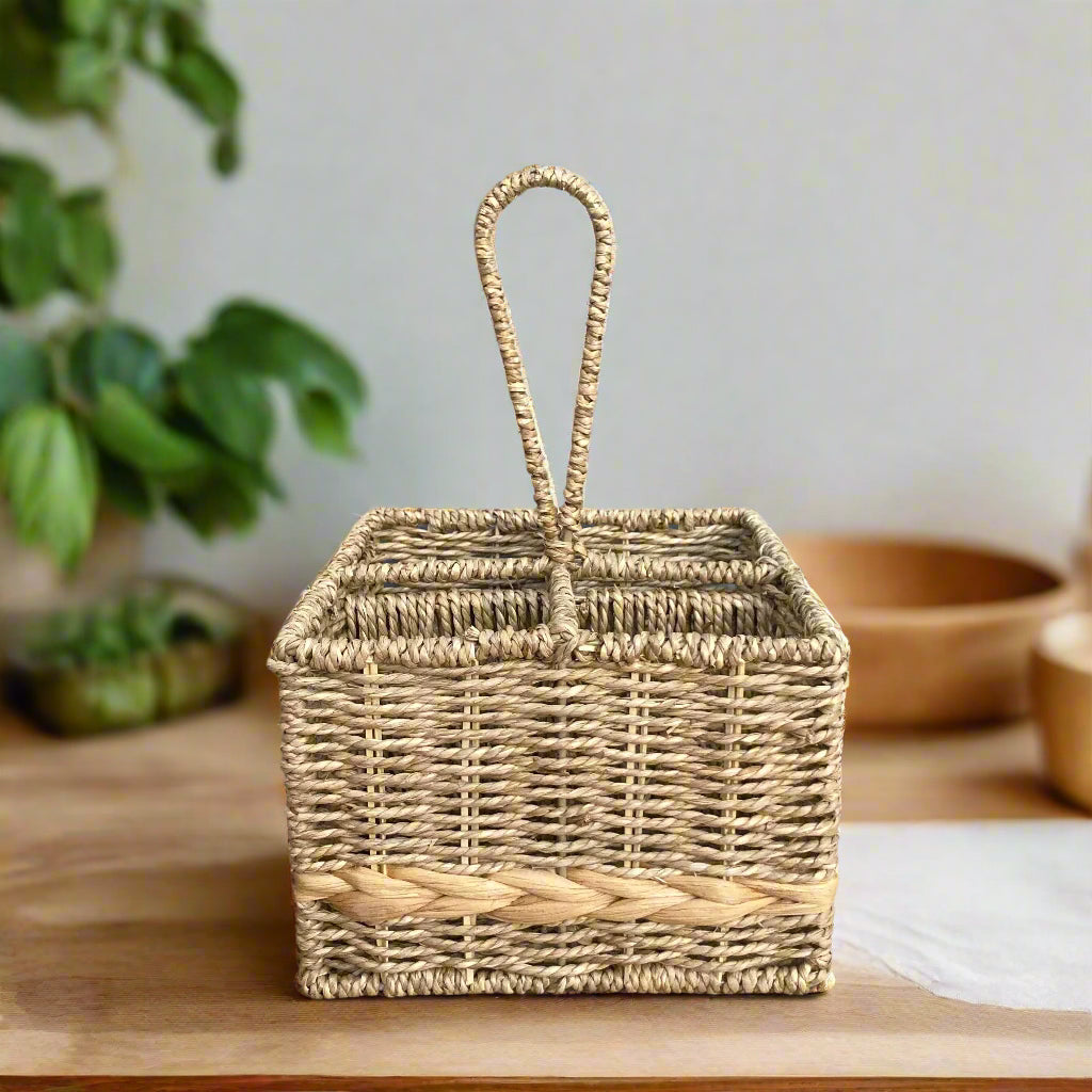 Woven seagrass and water hyacinth condiment caddy close up