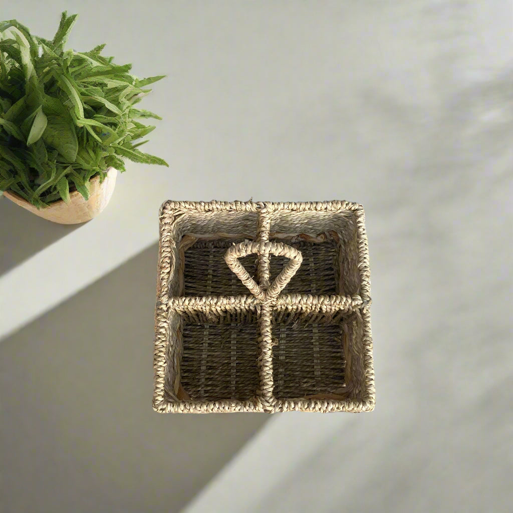 Woven seagrass and water hyacinth condiment caddy from above empty