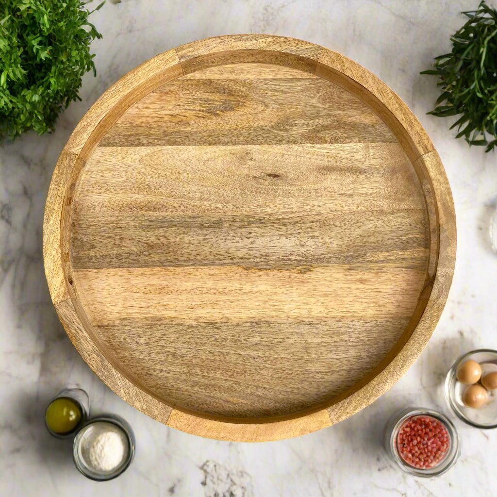 Solid Mango wooden round tray looking from above