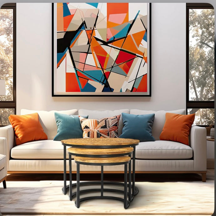 Large industrial nest in front of a grey sofa