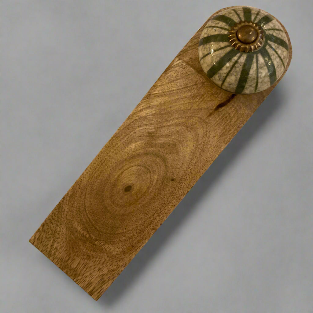 Mango wood door stop wedge with ceramic knob (Green variety) - Design B