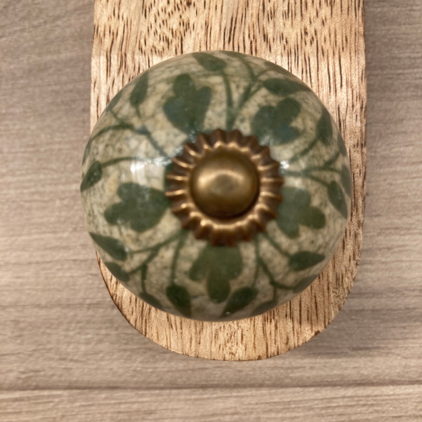 Mango wood door stop wedge with ceramic knob (Green variety) - close up of design C
