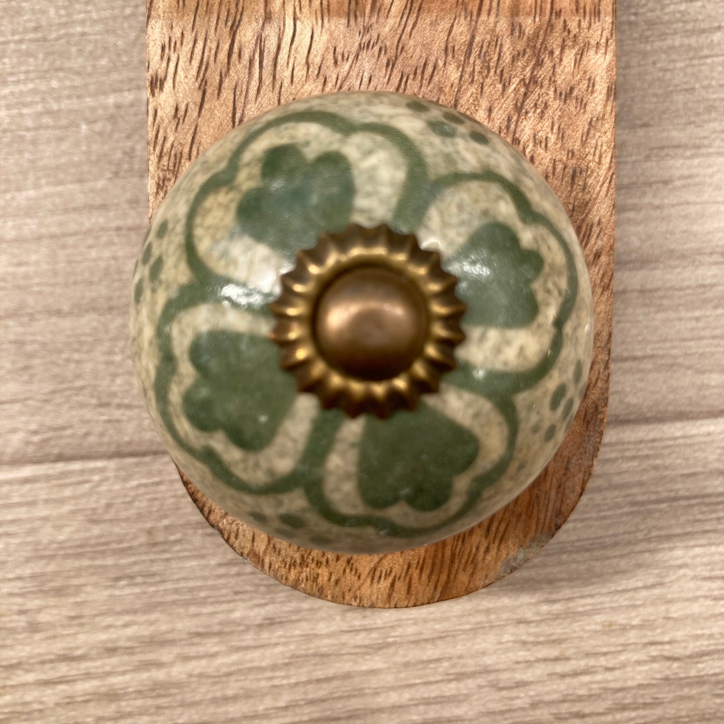 Mango wood door stop wedge with ceramic knob (Green variety) - close up of design A