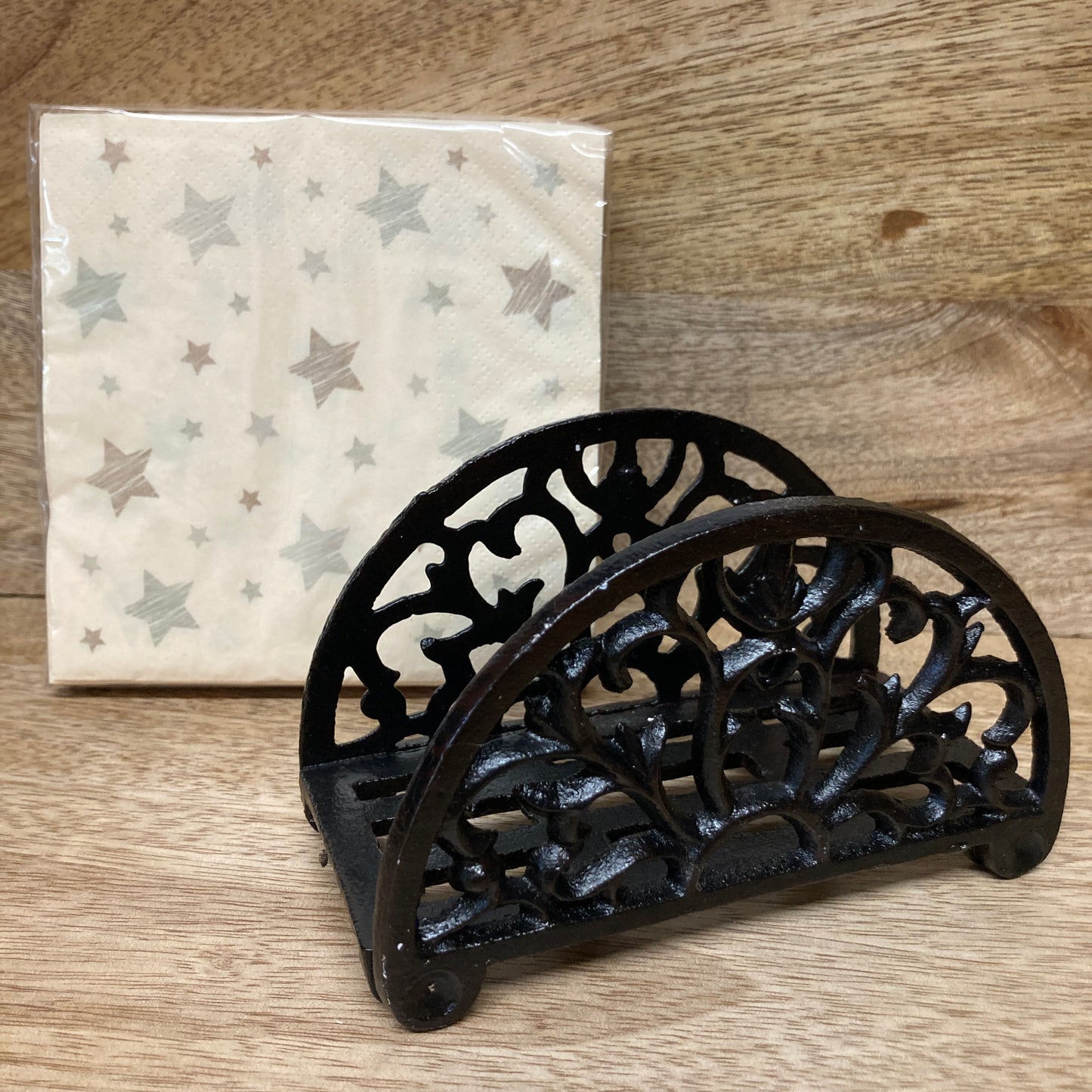 Black painted cast iron napkin holder - complete with a free packet of 20 cocktail sized napkins