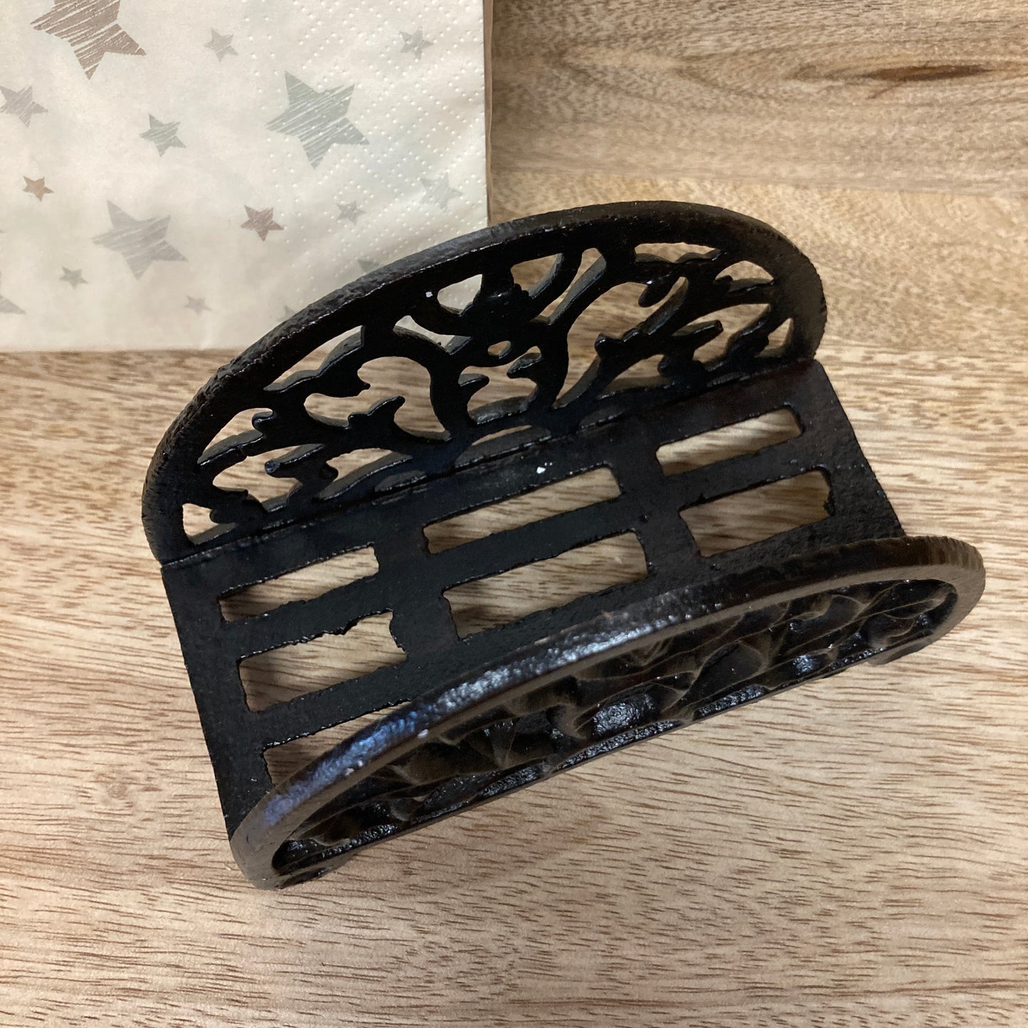 Black painted cast iron napkin holder - complete with a free packet of 20 cocktail sized napkins