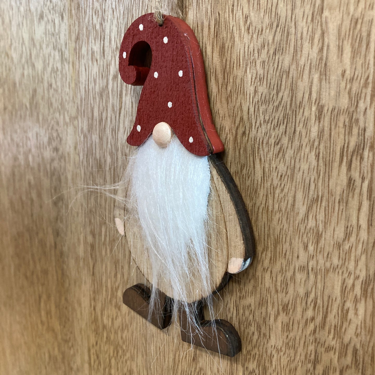 Hanging gnome decoration side view.