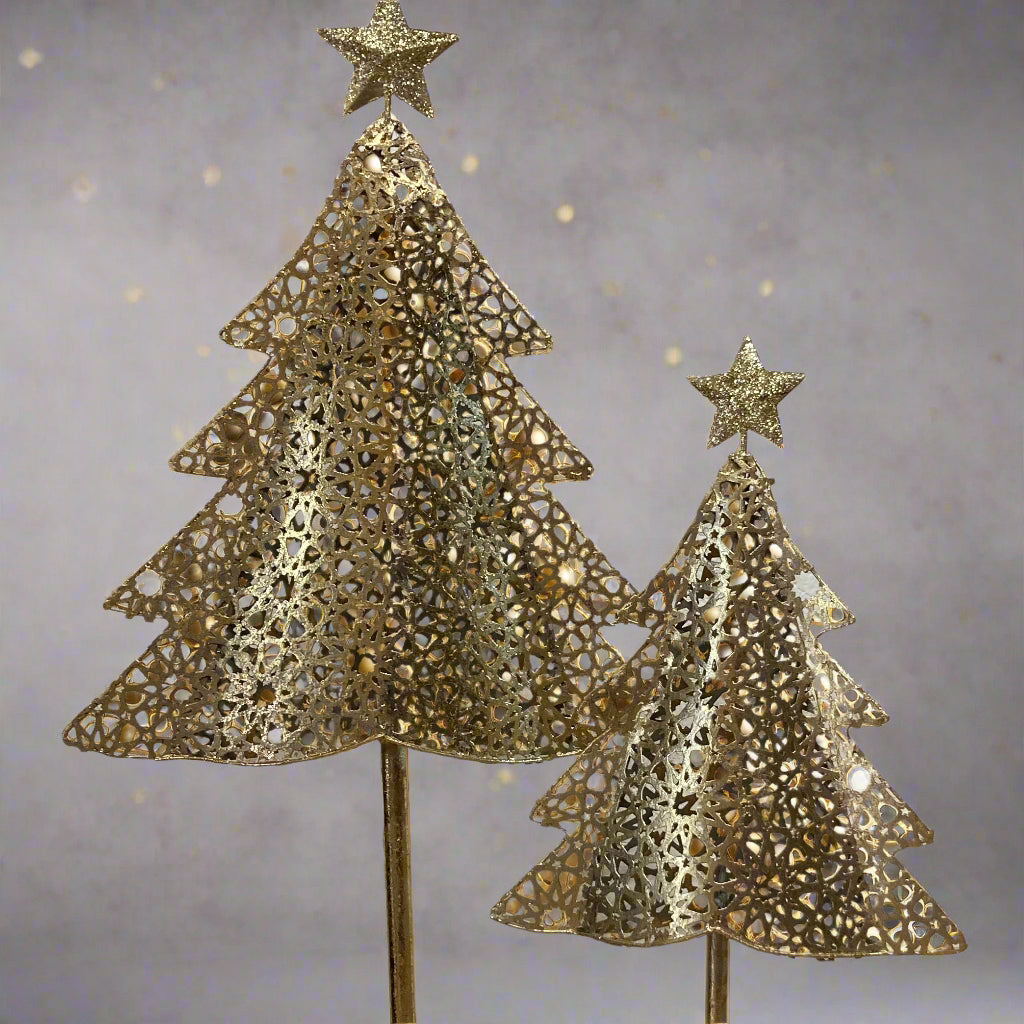 Gold metal Christmas tree on wood log base. Both sizes shown with a focus on the tree.