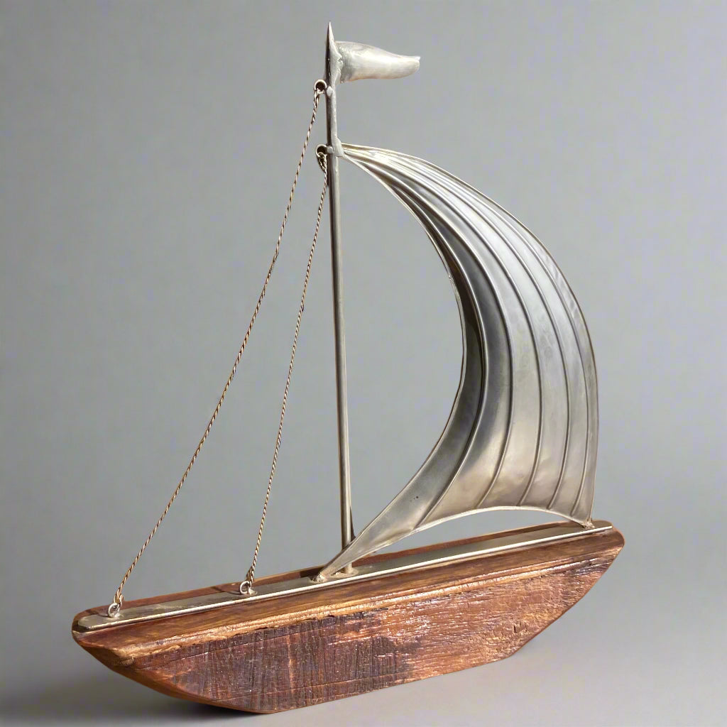 Large reclaimed rustic wood yachts with metal sail - single sail design