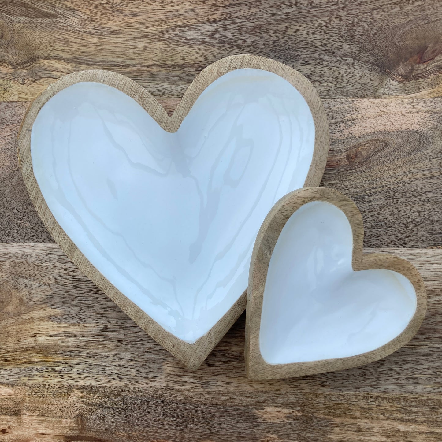 Solid Mango wood wooden heart dish / bowl lined with white enamel