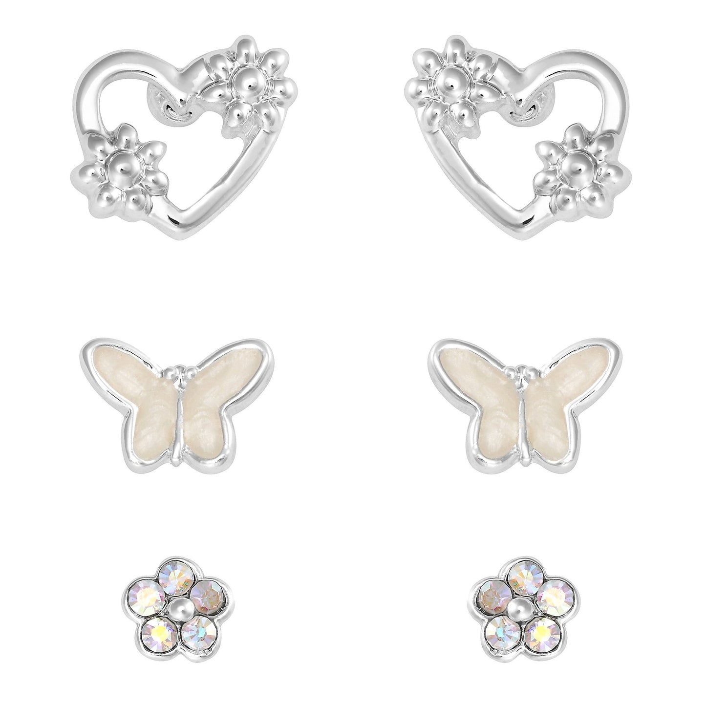Silver AB crystal flowers, white butterfly, & heart stud earrings - ITE0544