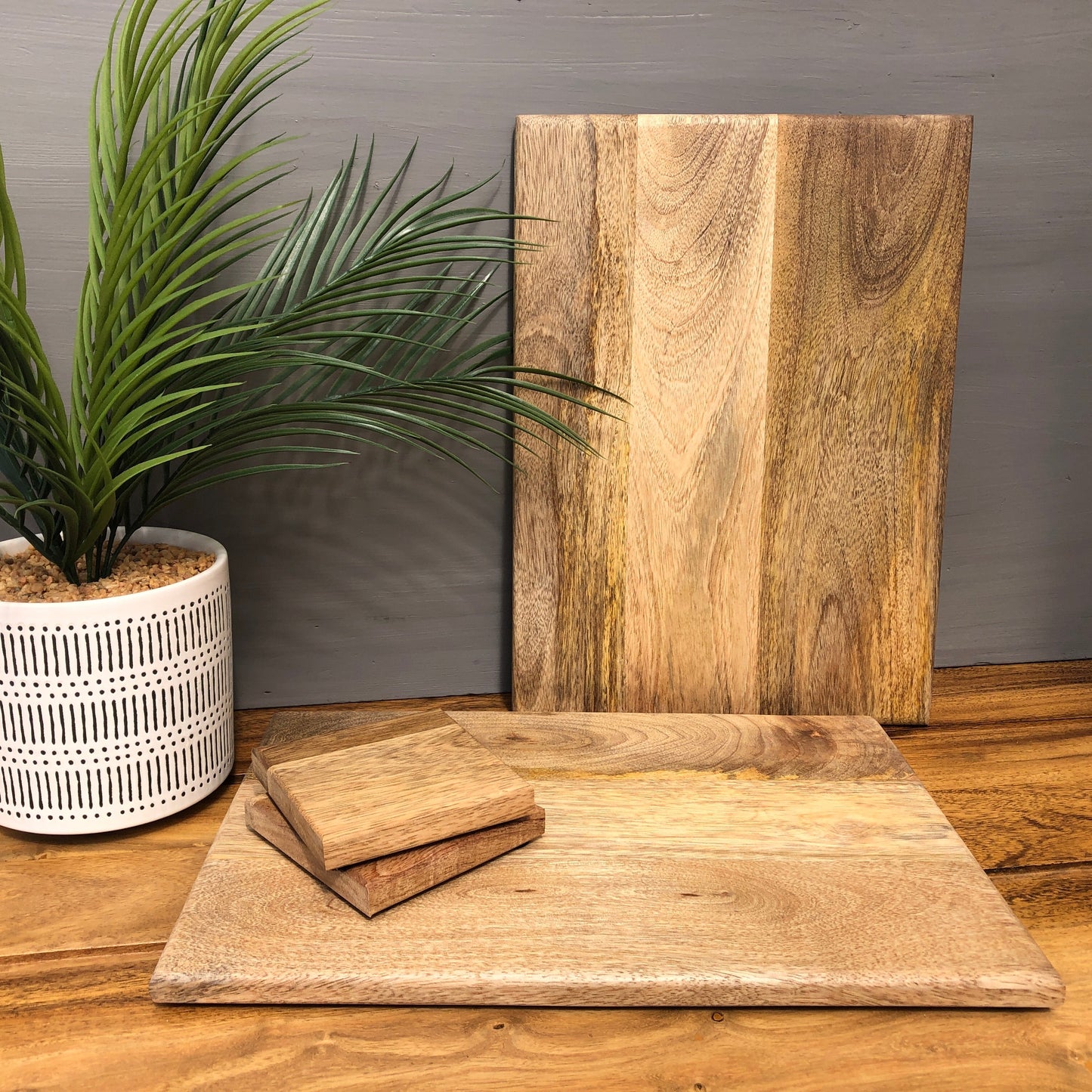 Set of Solid Mango Wood Board Placemats and Coasters. 2 coasters and placemats.