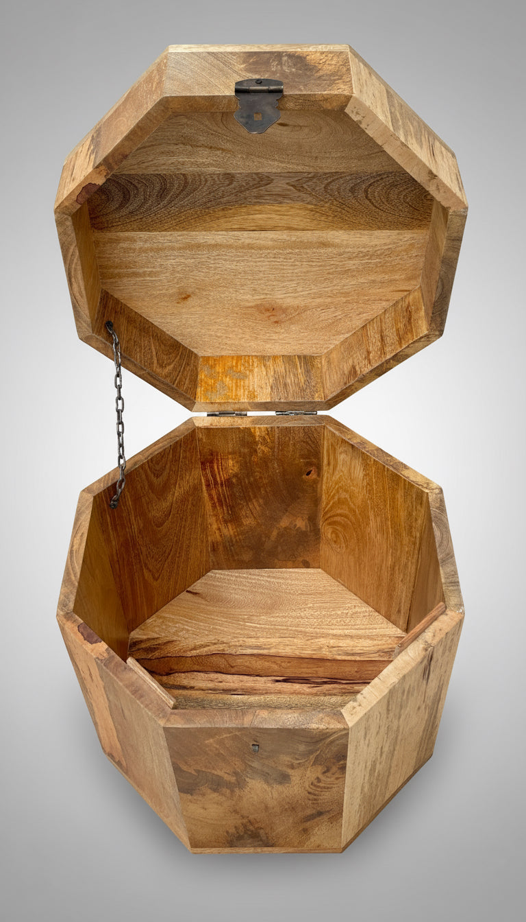 Mango wood octagonal treasure chest small one with lid open