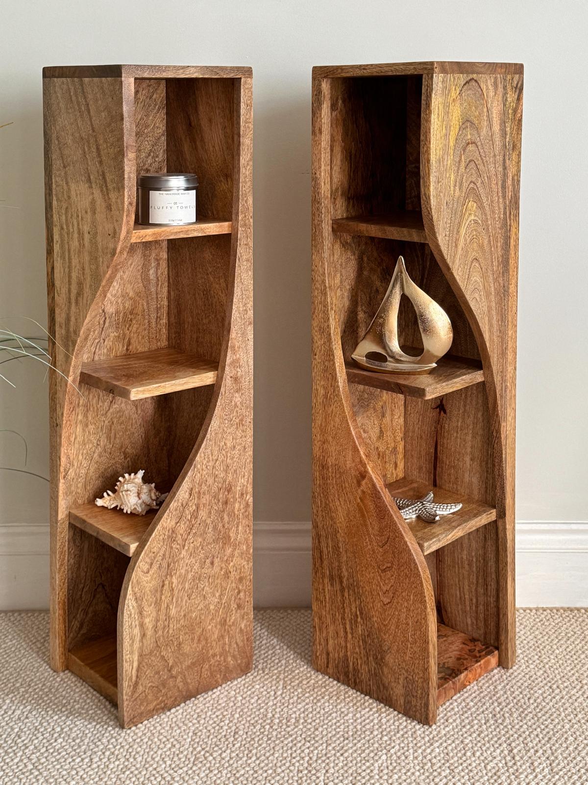 Slim Twisted Mango Wood Bookcase. Two bookcases shown.