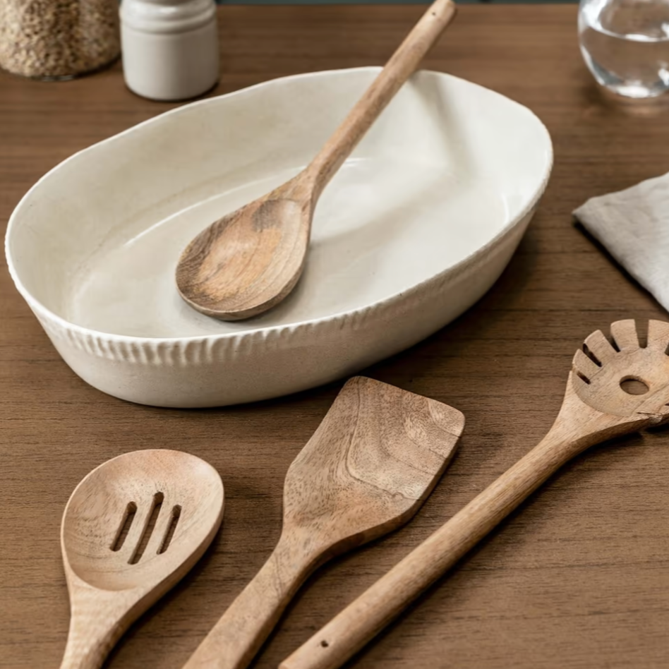 Set of 4 Mango wood kitchen utensils close up