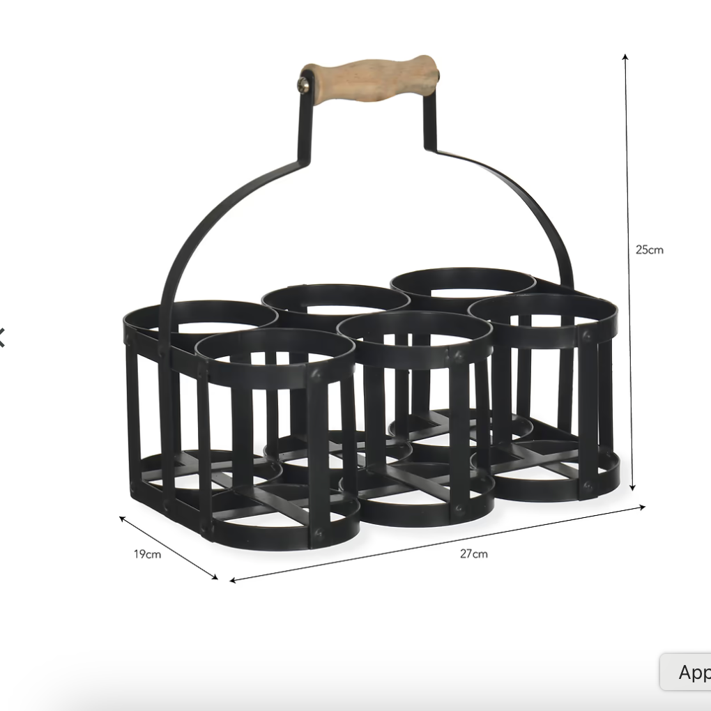 Black steel 6 bottle holder. Ideal for milk basket, wine rack, or condiments. With dimensions.