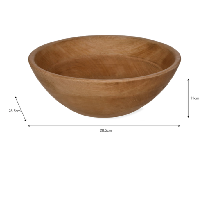Beautiful Mango wood bowl on a white background with measurements