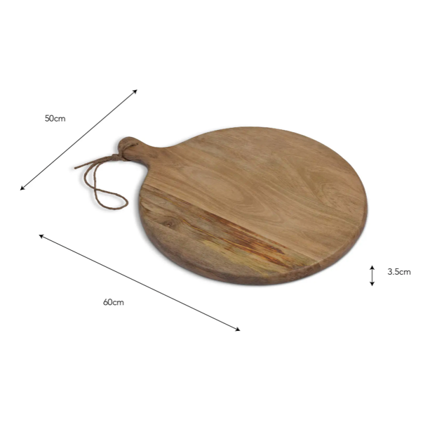 Large Mango wood chopping board on a white background with measurements