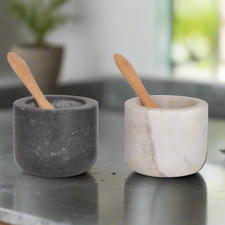 Marble and granite salt & pepper pinch pots - set of 2. Shown with wooden spoons.