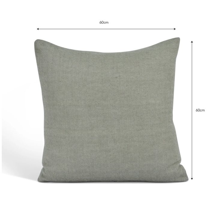 Large 60cm Herringbone wool cushion - Sage. With dimensions.