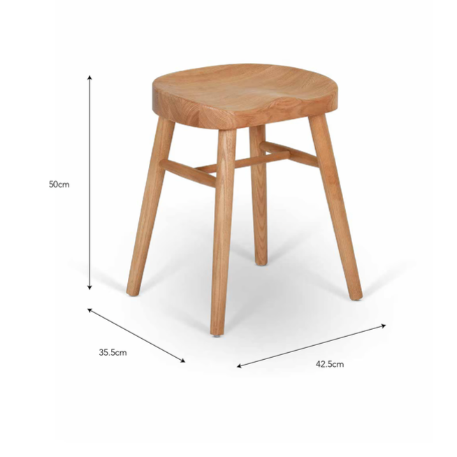 Small dining stool with heavy carved comfortable seat in ASH wood with measurements