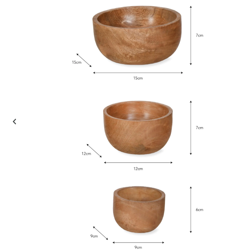 Set of 3 nesting Mango wood bowls. Ideal for dry snacks.