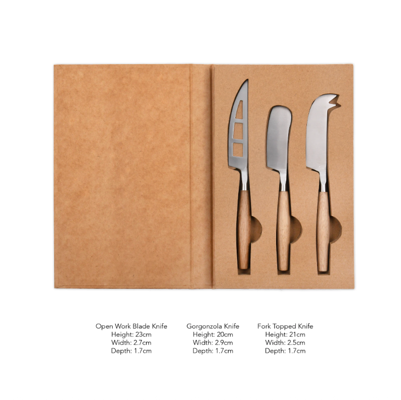 Set of 3 Raw Oak and Stainless Steel cheese knives