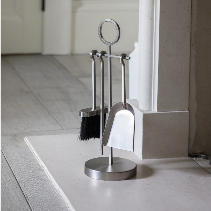 Small powder coated steel fireside companion tool set - silver