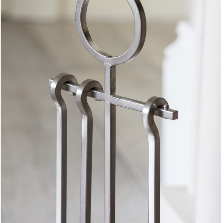 Small powder coated steel fireside companion tool set - silver