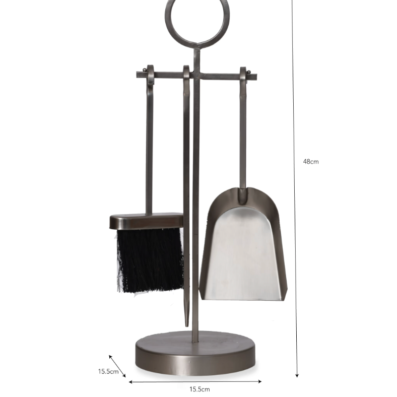 Metal fireplace tool set with dimensions on a white background
