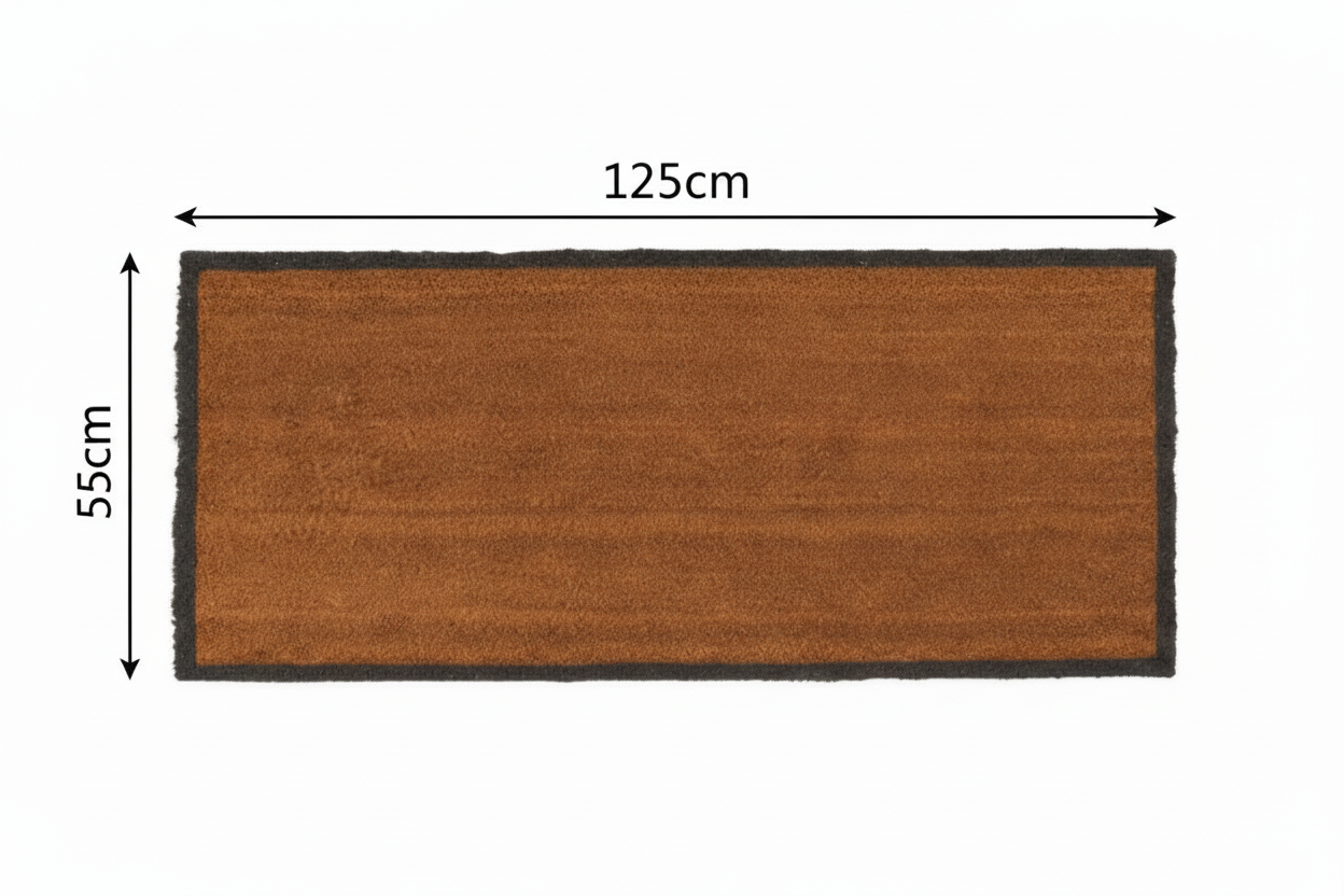 Brown doormat with black border and measurements on a white background