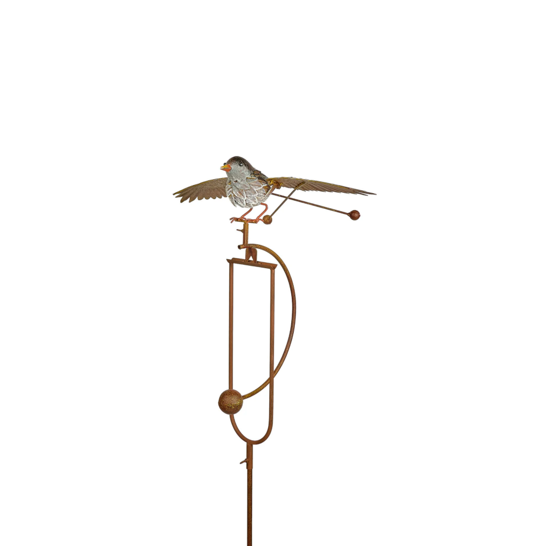 Decorative metal bird on a stand with a white background