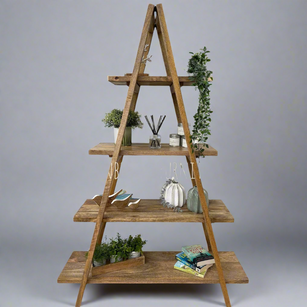 A-frame folding Mango wood 5 part bookcase with items placed on shelves.