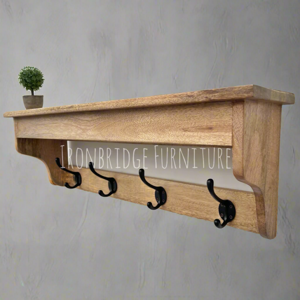 Mango wood 4 hook hat and coat rack with shelf - 80cm angle shot