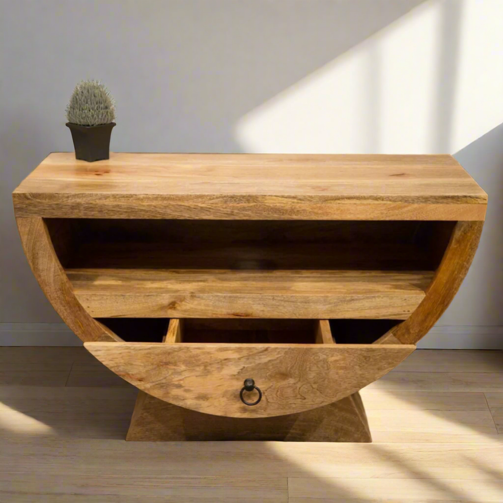 Mango wood half moon shaper TV small sideboard with open drawer