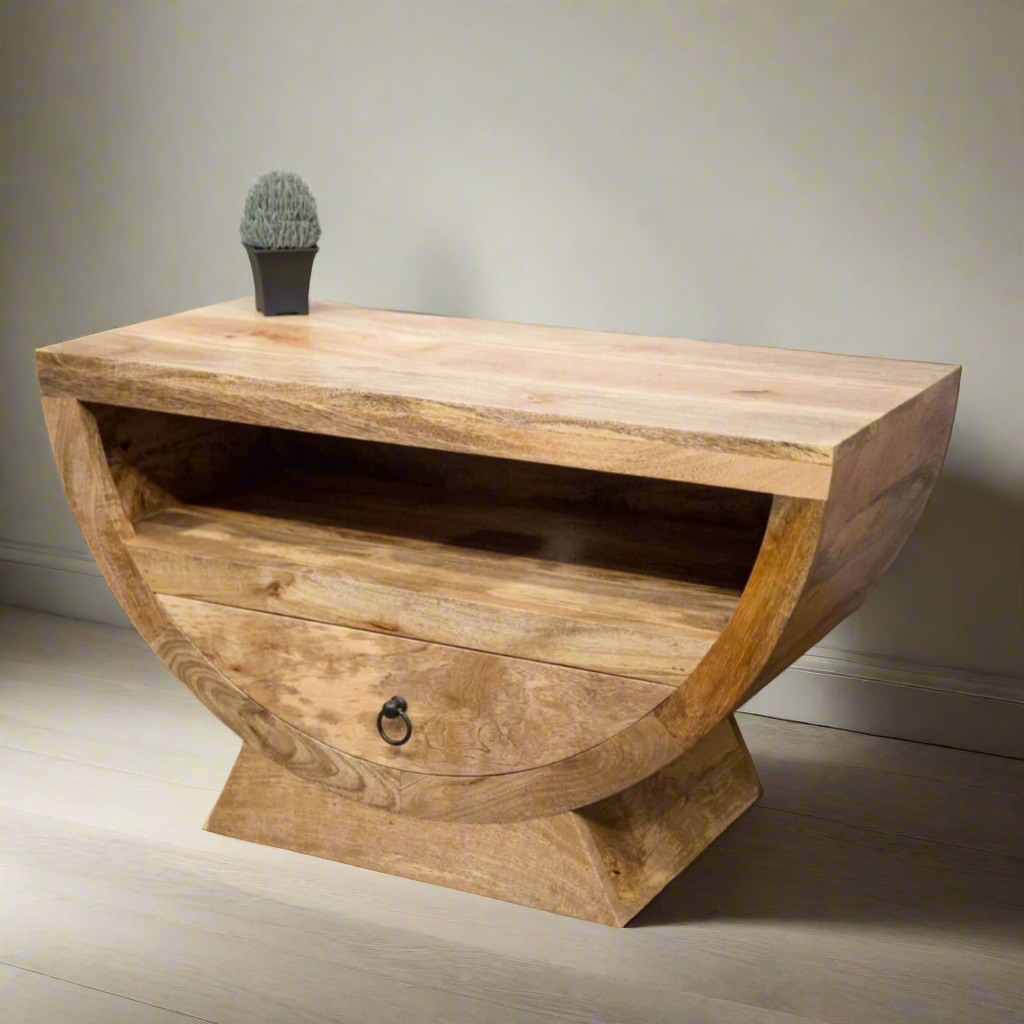 Mango wood half moon shaper TV small sideboard at an angle