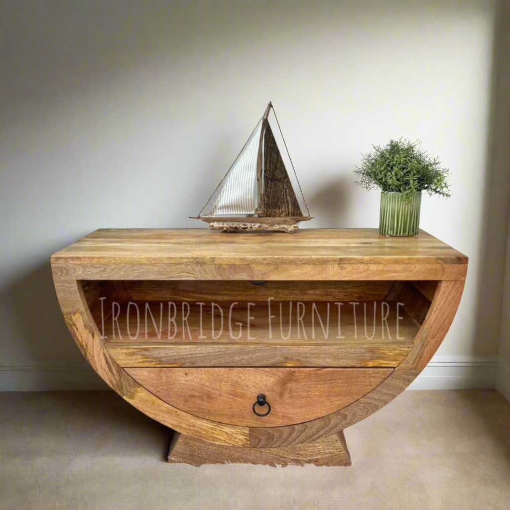 Mango wood half moon shaper TV small sideboard in a room setting