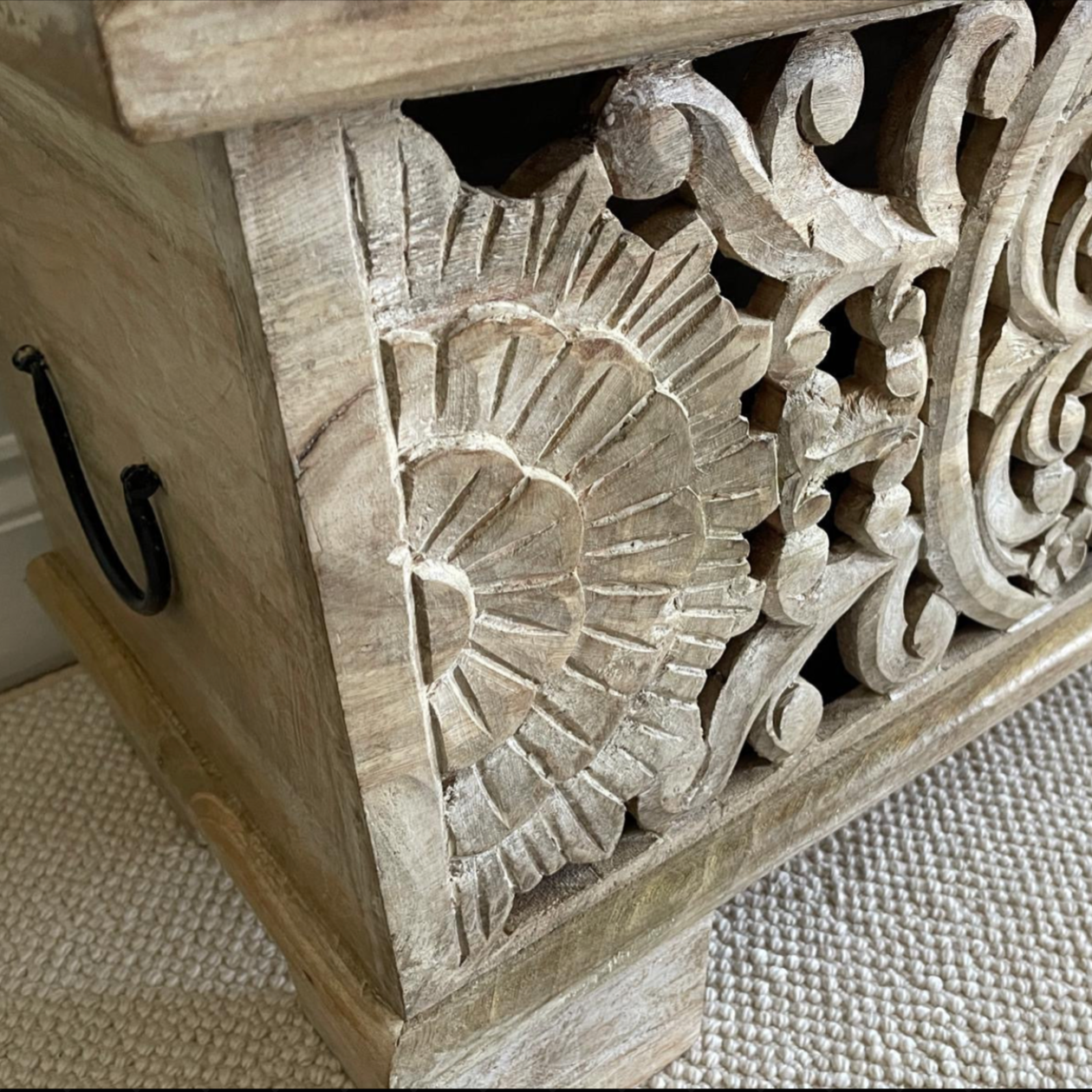 White washed with etched front long blanket style chest corner close up